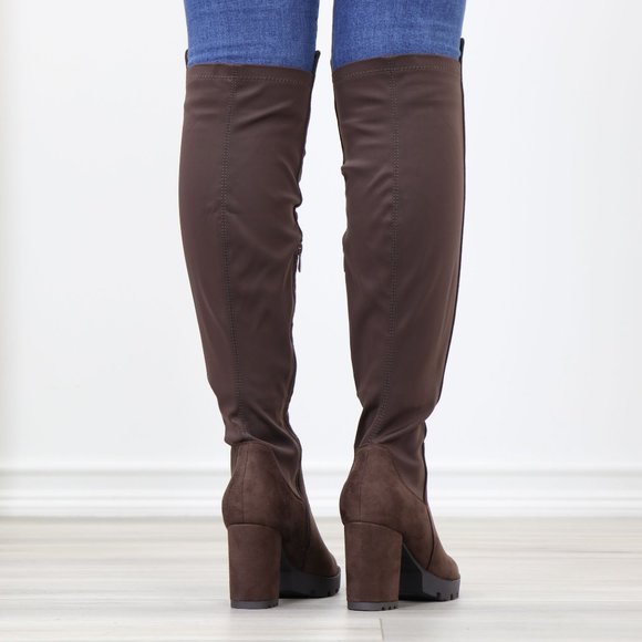Brown Thigh High Over The Knee Lug Block Heel Boots Faux Suede Round Toe - Picture 10 of 16
